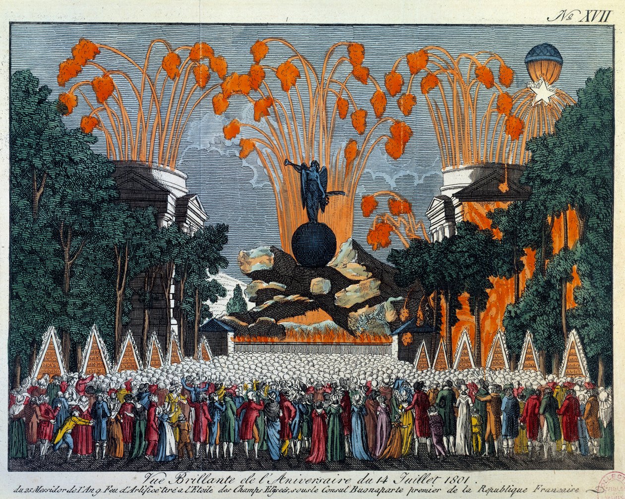 Kansallisjuhla 14. heinäkuuta 1801 Champs Elysees -kadulla Pariisissa: Ilotulitus tapahtuu tähti Champs Elyseesillä Pariisissa. Tuloste vuodelta 1801, Pariisi, Musee Carnavalet. tekijältä French School