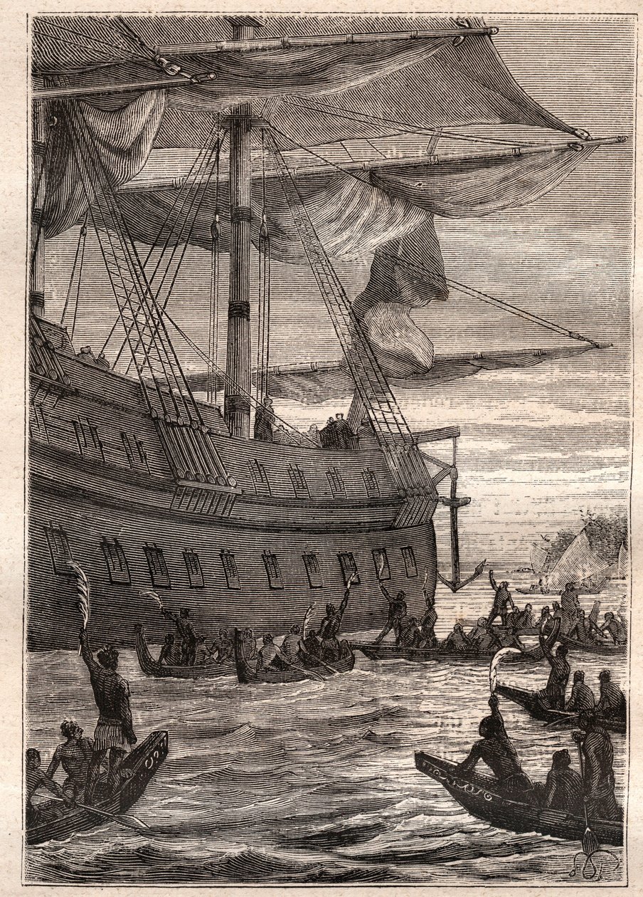 Alkuperäiset ihmiset pitivät banaanipuiden oksia kädessään: Samuel Wallisin (1728-1795) matka Polynesiaan – alkuperäiskansat pitelevät banaanin oksia tervetulleeksi – kuva otettu teoksesta ”1700-luvun suuret merenkulkijat” tekijältä French School