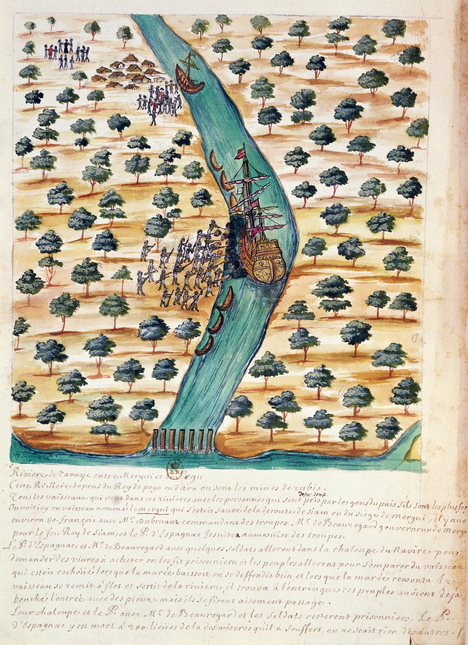 Alkuperäiset hyökkäävät ranskalaisten laivojen kimppuun Tavoy-joella, Siamin jesuiittojen kertomuksesta, 1688 (wc paperilla) tekijältä French School