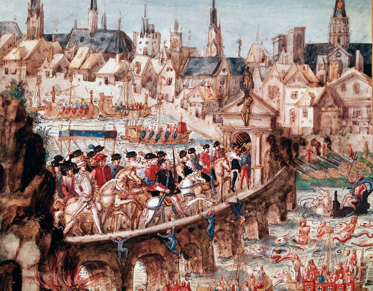 Rouenin kaupungin järjestämät merinäytökset kuningas Henrik II:n (1519-1559) ja Katariina de Mediciksen (Caterina de Medici) (1519-1589) kuninkaallisen sisäänkäynnin yhteydessä 10.1.1550 Ratsumiehet ylittämässä Seinen Bridge Saint Ouen (St Ouenin silta tekijältä French School