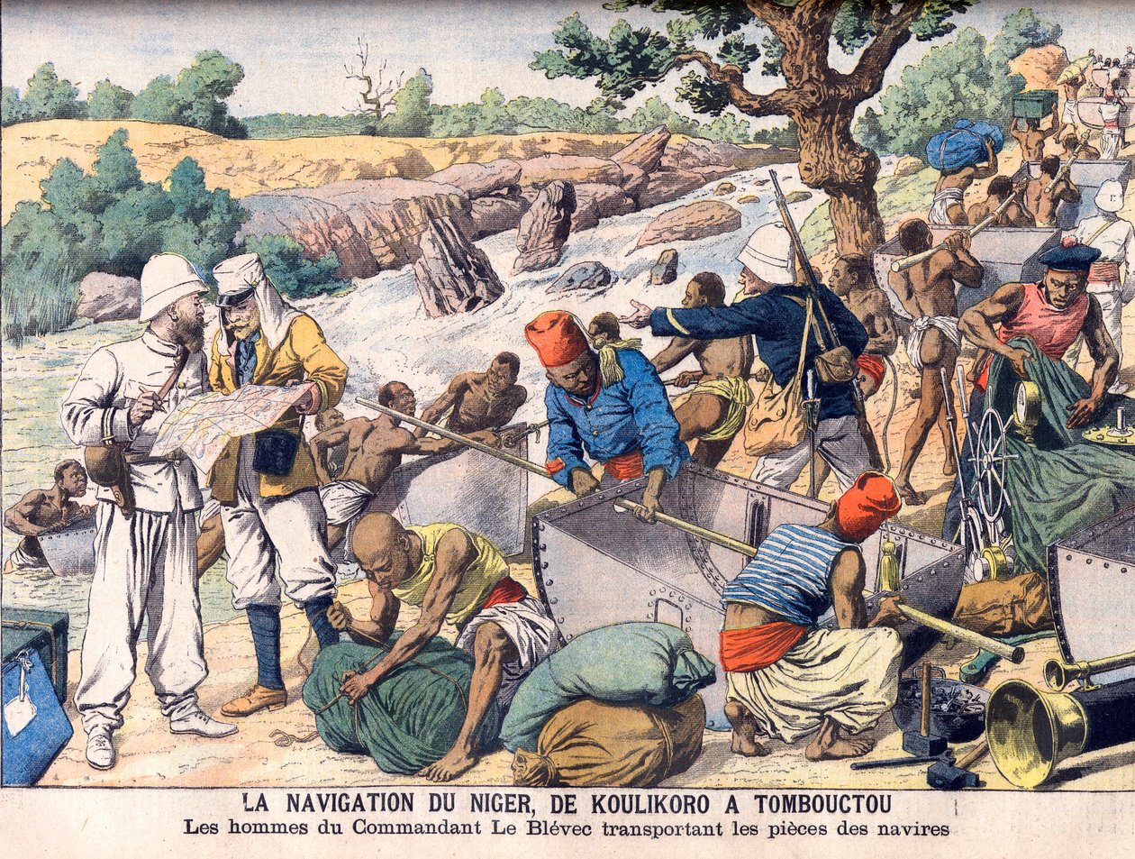 Navigointi Niger-joella Koulikoron ja Timbuktun välillä. Komentaja Le Blevecin komentama retkikunta kuljetti veneitä osissa kosken ympärillä. Nigerin navigointi Koulikorosta Timbuktuun. Komentaja Le Blevecin miehet kantamassa laivanpalasia. tekijältä French School