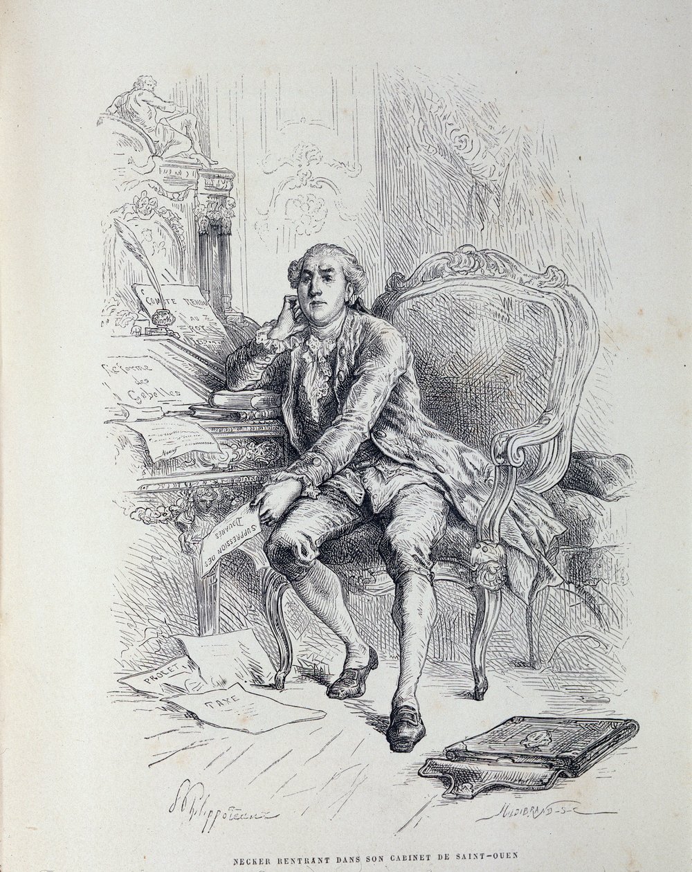 Necker toimistossaan Saint-Ouenissa, jota ympäröivät muistiinpanot "Gabelles-uudistus", "Verot", "Tullien poistaminen" jne. tekijältä French School