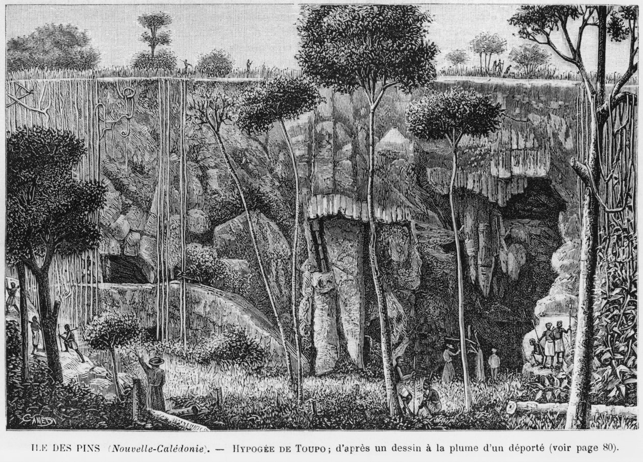 Uusi-Kaledonia, Isle of Pines, Toupon hypogeum, karkotetun kynä- ja mustepiirroksen jälkeen, kuvitus tiedotteesta Les Missions Catholiques, 1893 tekijältä French School