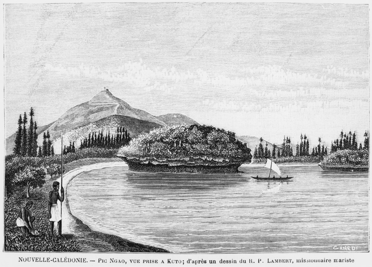 Uusi-Kaledonia, Isle of Pines, Pic Nga Kutosta nähtynä, pastori isä Lambertin, maristilähetyssaarnaajan, piirustuksen jälkeen, kuvitus tiedotteesta Les Missions Catholiques, 1893 tekijältä French School