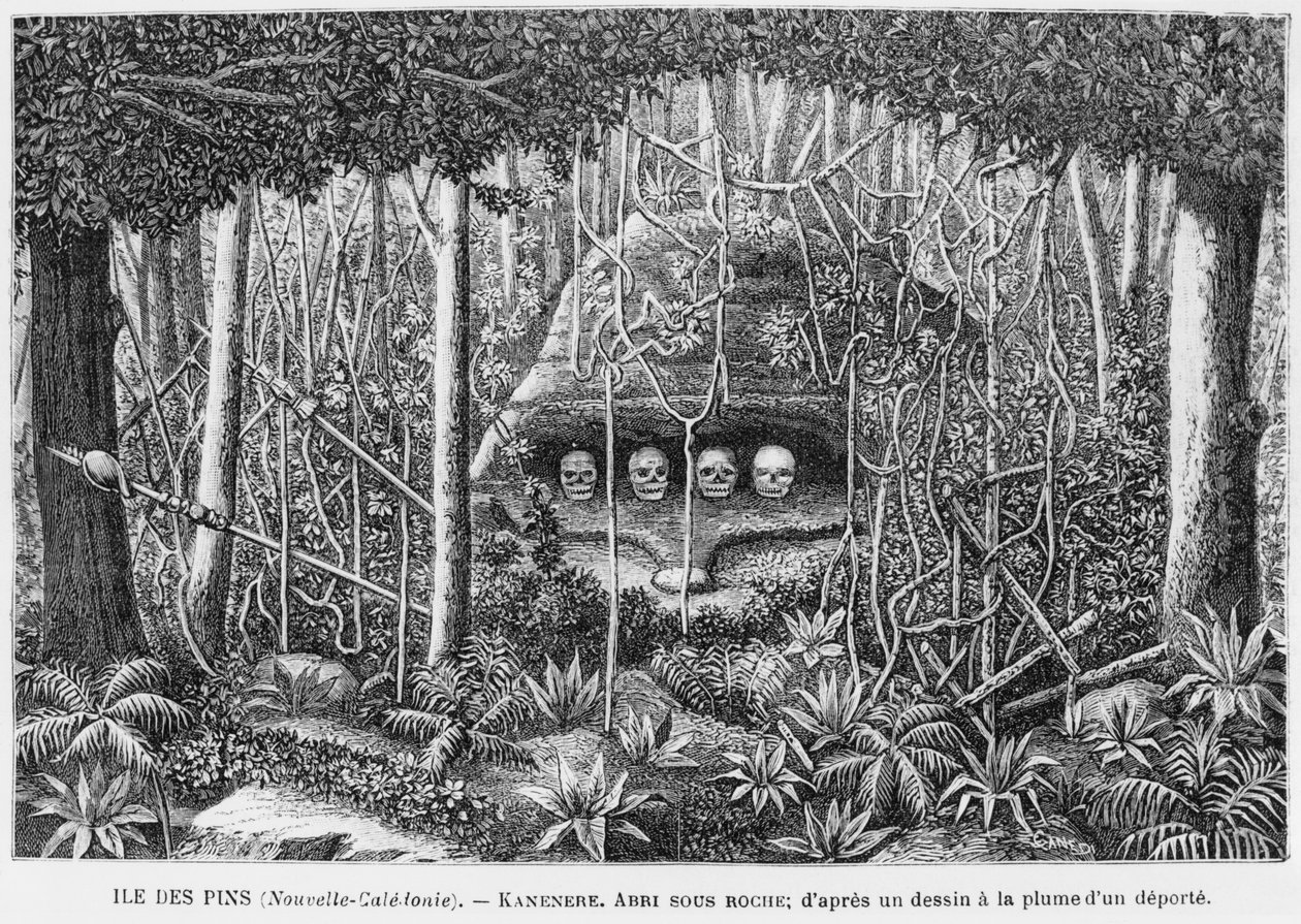 Uusi-Kaledonia, Isle of Pines, suoja kallioissa, karkotetun kynä- ja mustepiirroksen jälkeen, kuvitus tiedotteesta Les Missions Catholiques, 1893 tekijältä French School