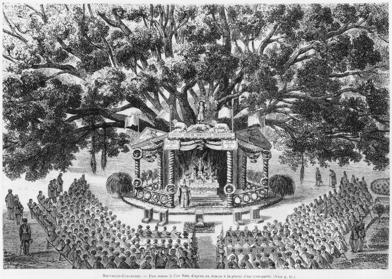 Uusi-Kaledonia, viettää messua Noun saarella kynällä ja musteella piirrettynä kuljetetusta kappaleesta, kuvitus tiedotteesta Les Missions Catholiques, 1875 tekijältä French School
