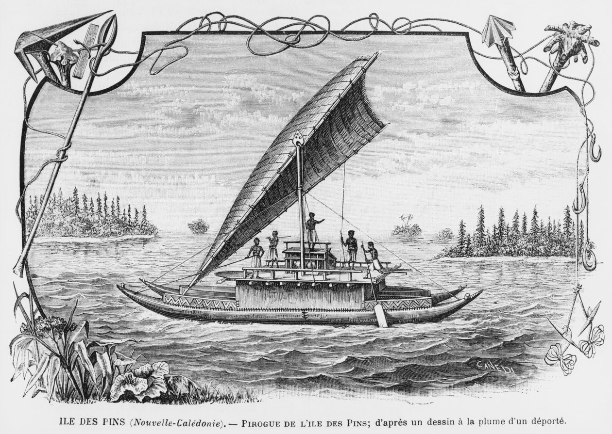 Uusi-Kaledonia, Isle of Pinesin pirogue, kynällä ja musteella piirretty karkotetusta henkilöstä, kuvitus tiedotteesta Les Missions Catholiques, 1893 tekijältä French School