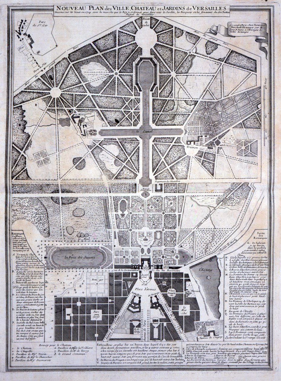 Versaillesin kaupungin, linnan ja puutarhan uusi suunnitelma, 1714, Les Plans, Profils et Elevations des Villes et Chateau de Versailles, julkaistu noin 1715 tekijältä French School