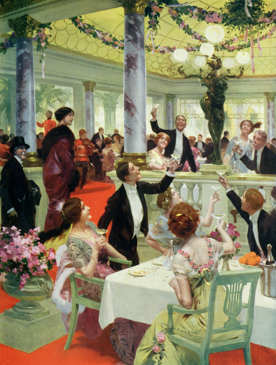 Uudenvuodenaatto ravintolassa, kuvitus La Vie Heureuse -lehdestä, 15. joulukuuta 1912 tekijältä French School