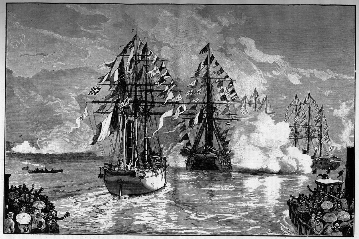 New York: Frederic Auguste Bartholdin (1834-1904) Vapaudenpatsasta kuljettavan ranskalaisen Isere-laivan saapuminen kaupungin satamaan, 19. kesäkuuta 1885. Kaiverrus ""Le Monde Illustre" -kirjaan" tekijältä French School