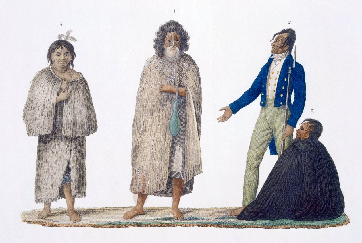 Uuden-Seelannin alkuasukkaat alkuperäiskansojen ja länsimaisissa vaatteissa, 1826 tekijältä French School