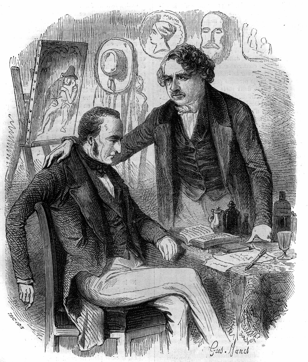 Nicephore Niepce (1765-1833) ja Louis Daguerre (1787-1851), ranskalaiset keksijät, valokuvauksen pioneerit. Kaiverrus vuodelta 1852. tekijältä French School