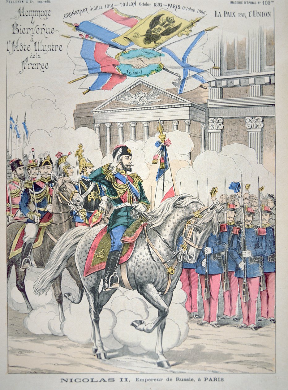 Nikolai II vierailee Pariisissa lokakuussa 1896 (värilitho) tekijältä French School