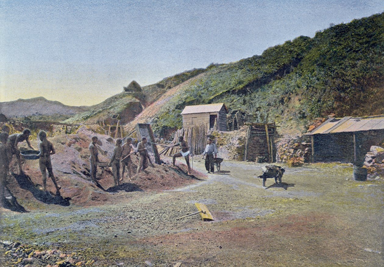 Nikkelikaivokset Uuden-Kaledonian itärannikolla, kaivertanut Gillot, n. 1900 tekijältä French School