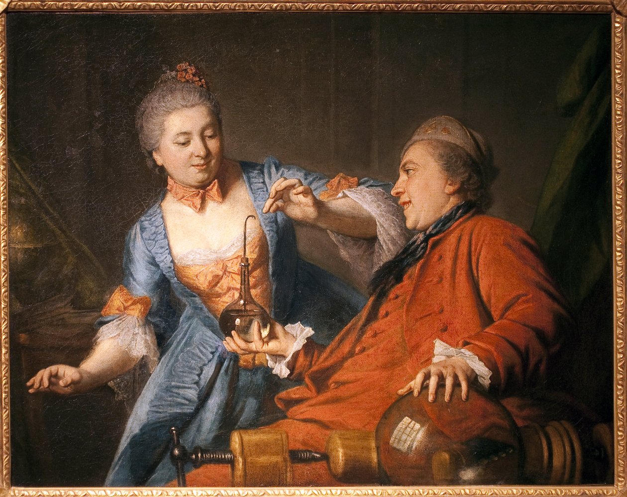 Nicolas Bergeat (1733-1815) ja Madame de Maisoncel tekevät fysiikan koetta. Anonyymin remois-maalaus, öljy kankaalle tekijältä French School