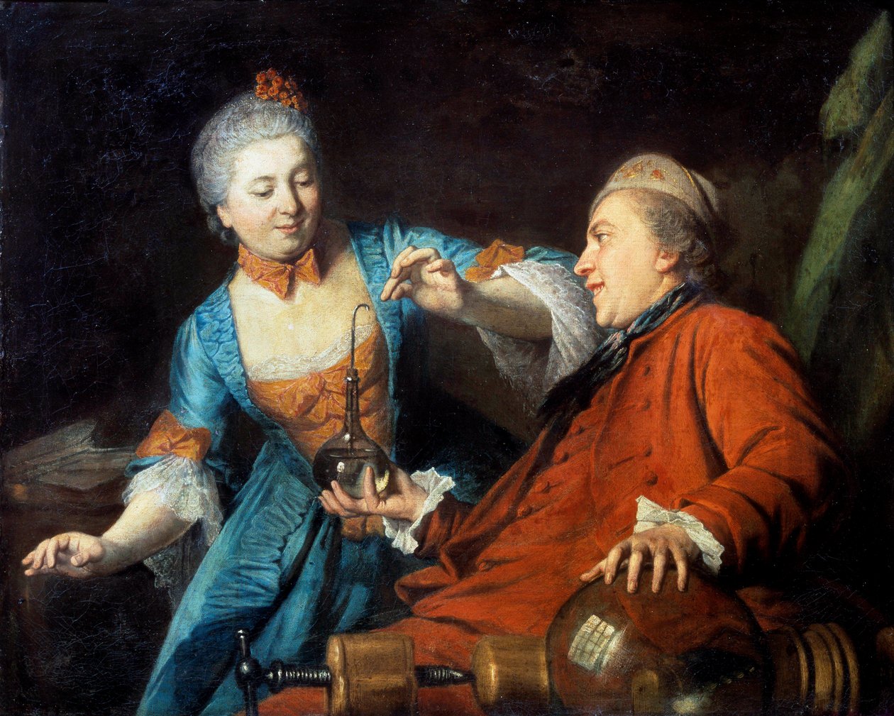 Nicolas Bergeat (1733-1815) ja Madame de Maisoncel tekemässä fysiikkakoetta. Nimetön maalaus ranskalaisesta koulukunnasta. 1770. Reims, Kuvataidemuseo tekijältä French School