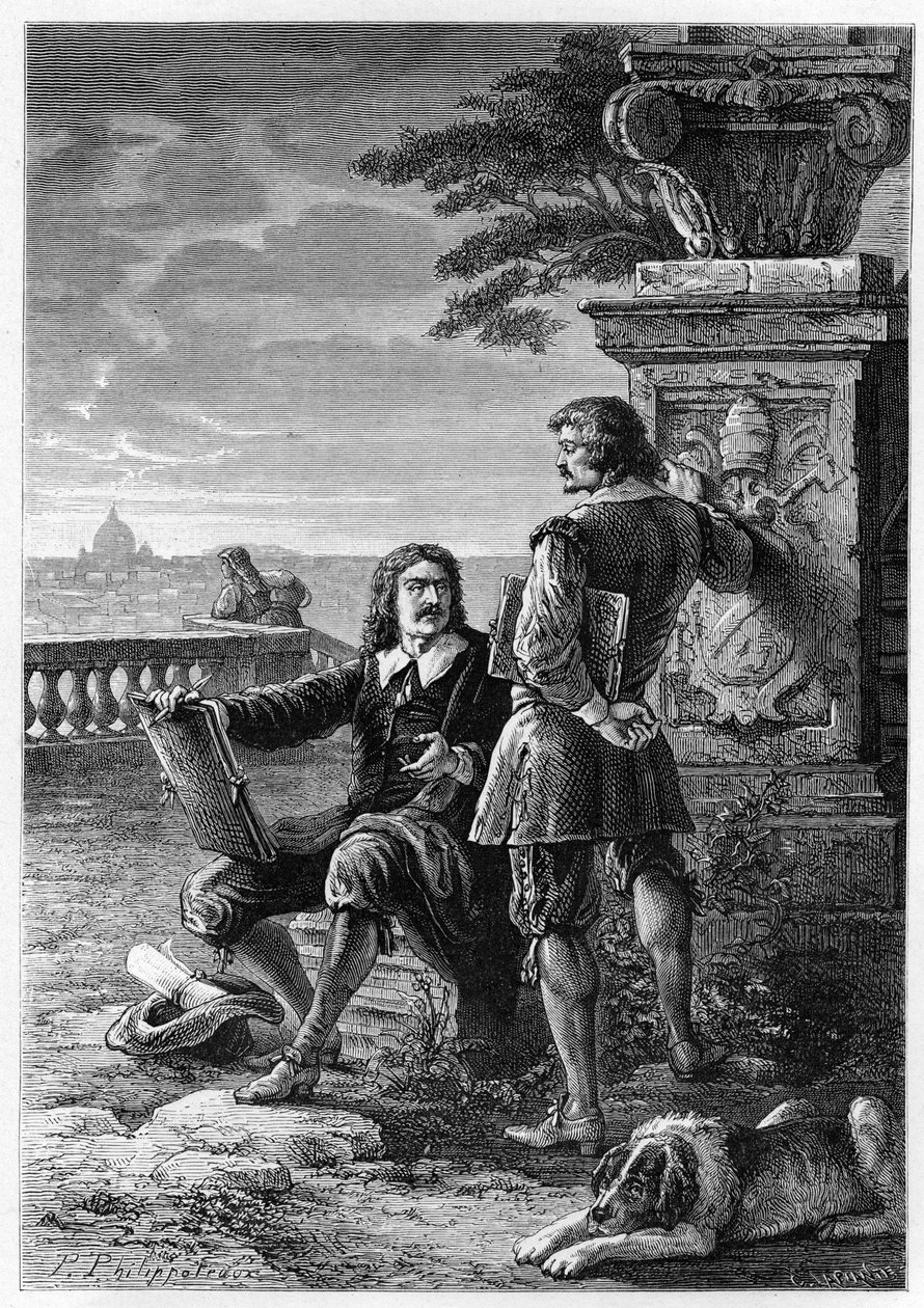 Nicolas Poussin (1594-1665), ranskalainen taidemaalari, Claude Gellee, dit le Lorrain (1600-1682) Roomassa (Trinita dei Monti) kaiverruksesta "" Ranskan historia kerrottiin lapsenlapsilleni"" - kirjoittanut Francois Guizot - 1872-1876 tekijältä French School