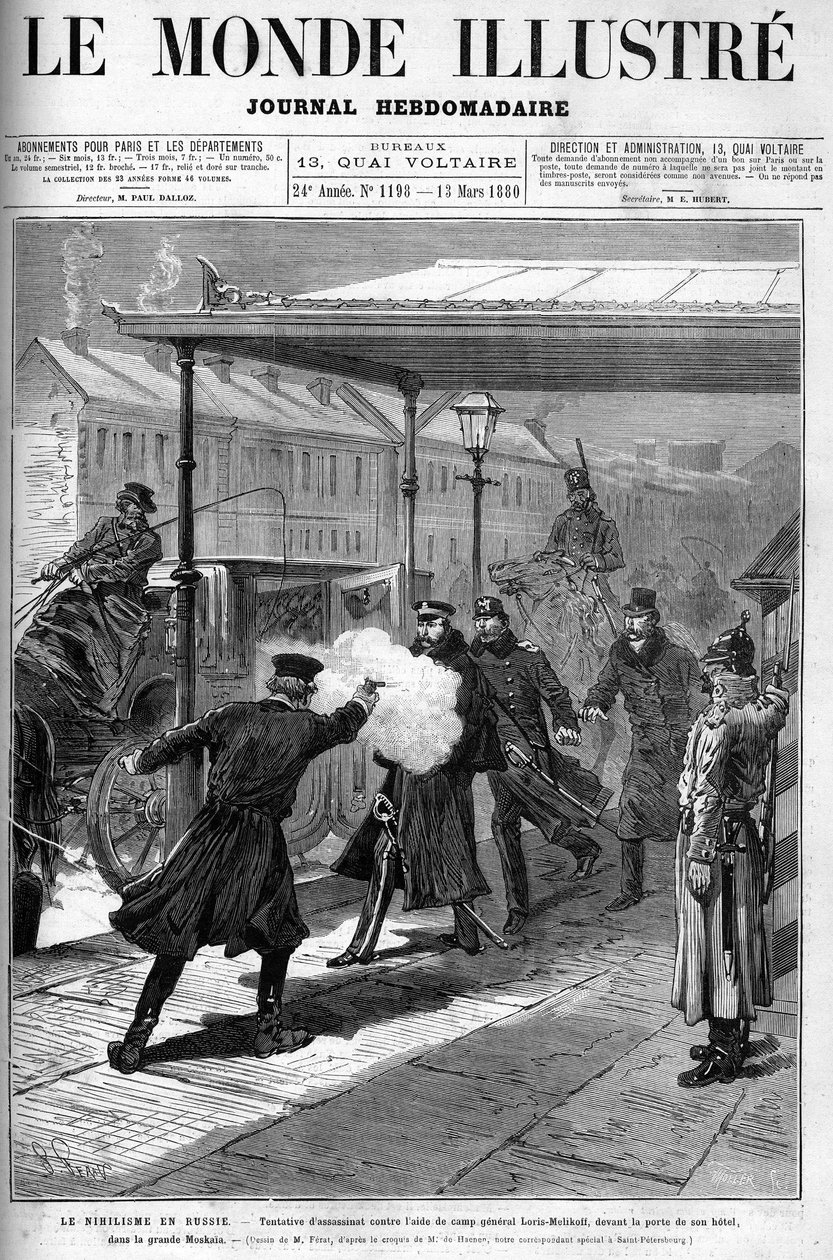 Nihilismi Venäjällä - Salamurhayritys Aide de Campia, kenraali Loris Melikoffia vastaan, hänen hotellinsa oven ulkopuolella suuressa Moskaiassa. Kansi "" The Illustrous World" -julkaisusta, maaliskuu 1880. tekijältä French School