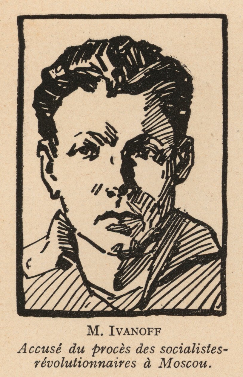 Nikolai Ivanov, venäläinen sosialistivallankumouksellinen poliitikko, joka oli yksi syytetyistä sosialistivallankumouksellisten oikeudenkäynnissä Moskovassa vuonna 1922, Neuvostoliiton ensimmäisessä näytösoikeudenkäynnissä (litografia). tekijältä French School