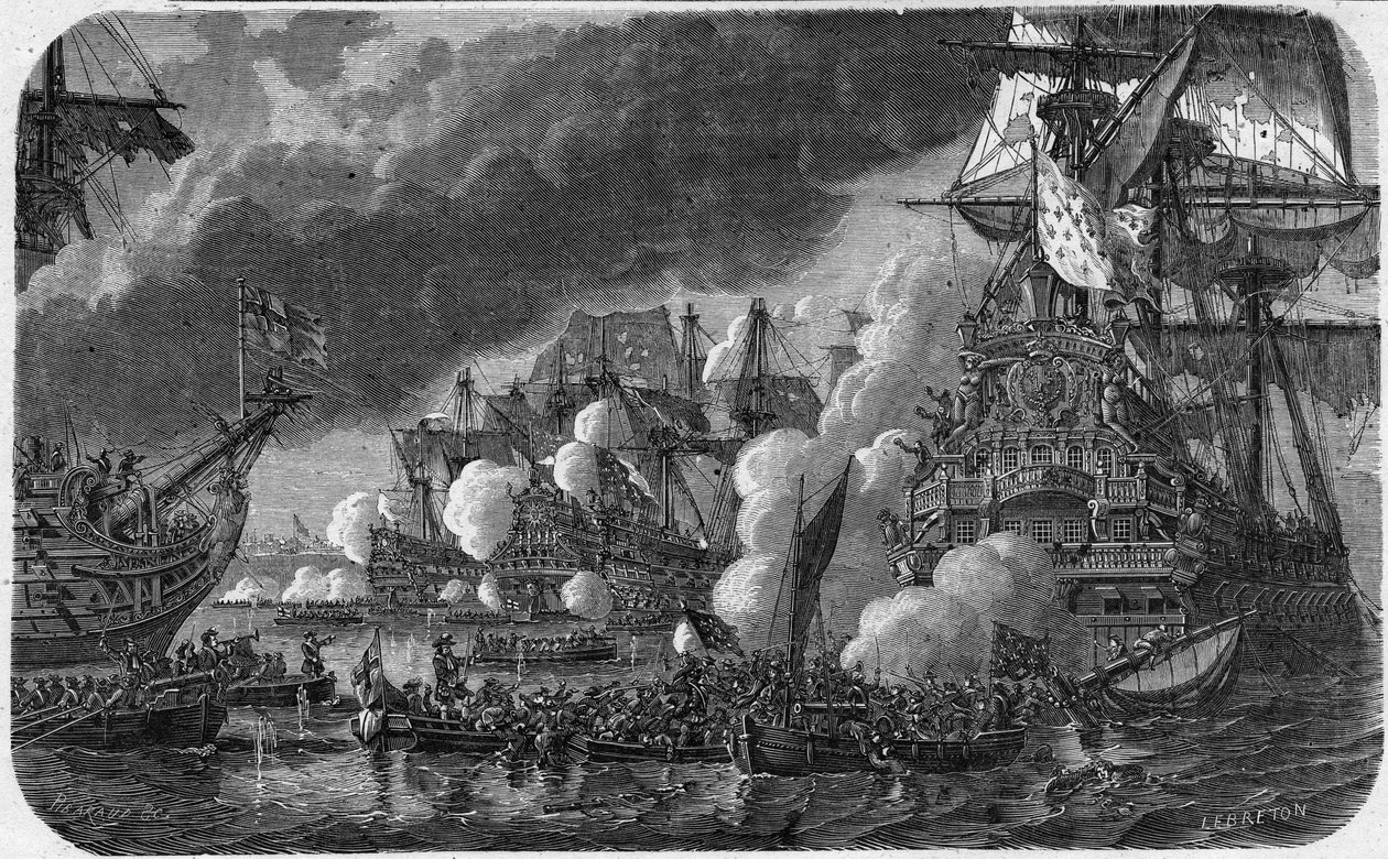 Yhdeksänvuotinen sota (Augsburgin liigan sota) (1688-1697): Houguen taistelu 19.5.1692 englantilais-hollantilaisen laivaston ja Costentinin (Cotentinin) vara-amiraali Anne Hilarionin ranskalaisen laivaston välillä , Tourvillen kreivi (1642-1701). Hän näki  tekijältä French School