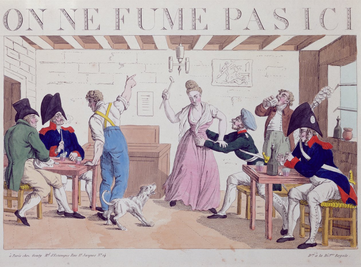 Tupakointi kielletty -karikatyyri liittoutuneiden joukkojen läsnäoloa vastaan Pariisissa, 1815 (värikaiverrus) tekijältä French School