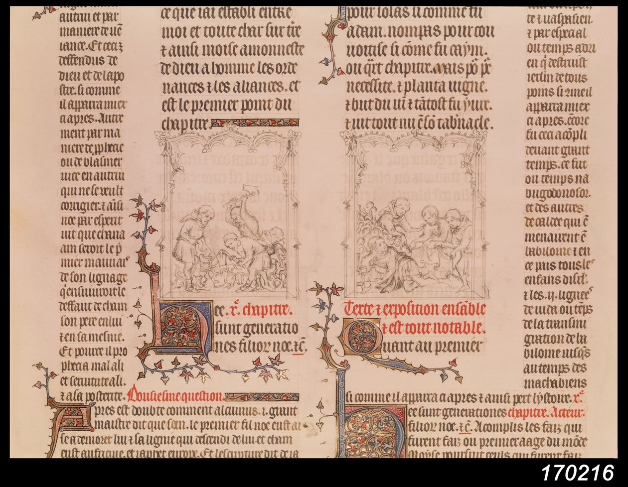 Nooa viinitarhassa ja Nooan juopuminen, Jean Syn Raamatusta, n. 1355 tekijältä French School