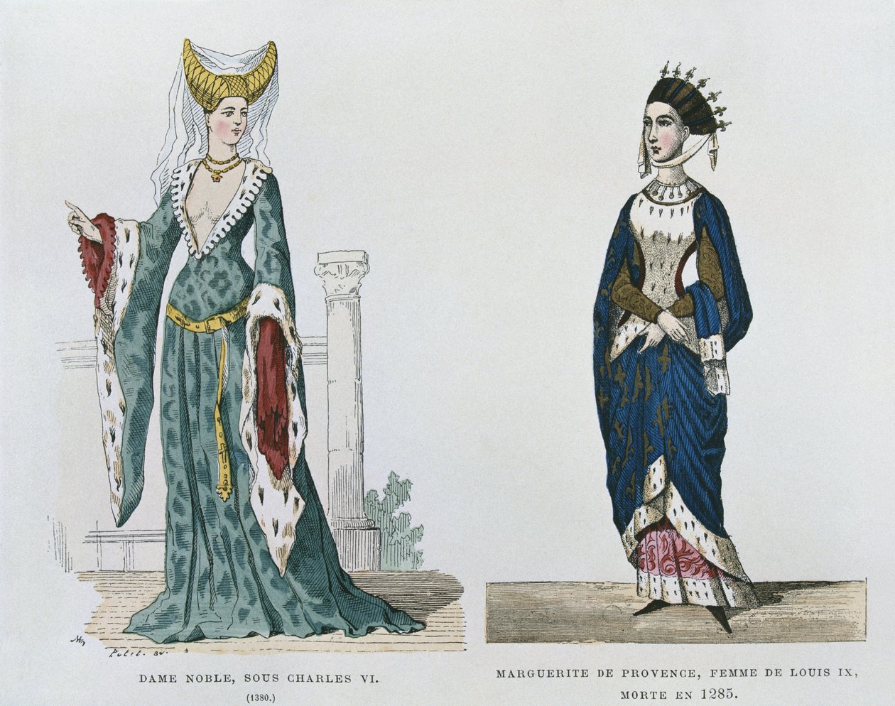 Kaarle VI:n vallan alainen aatelisnainen Marguerite de Provence, Ludvig IX:n vaimo, kuoli vuonna 1285 ranskalaisissa siviili- ja sotilasasuissa vuosisatojen ajan. tekijältä French School