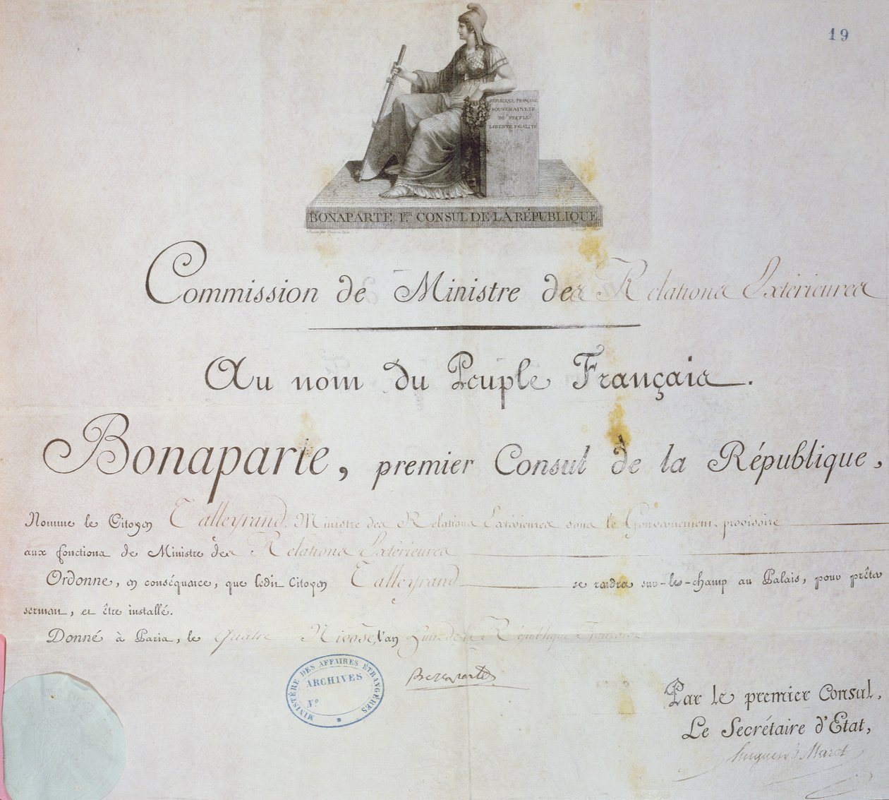 Charles Maurice de Talleyrand-Perigordin (1754-1838) nimitys ulkoministerin virkaan, n. 1797 tekijältä French School