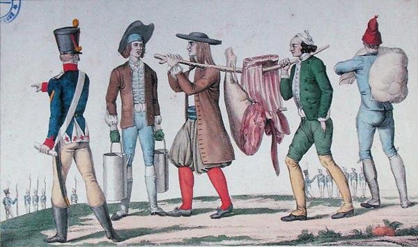 Normanin ja Bretonin värvättyjä, jotka kuljettavat tarvikkeita sarjasta "The First Steps of a Military Career", 1800-luvun alku (värillinen kaiverrus) tekijältä French School