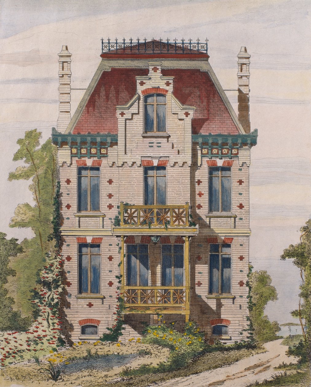 Normannilainen huvila Villers sur merissa, Normandiassa, kuvitus Le Moniteur des architectesista, 1883 (värikaiverrus) tekijältä French School