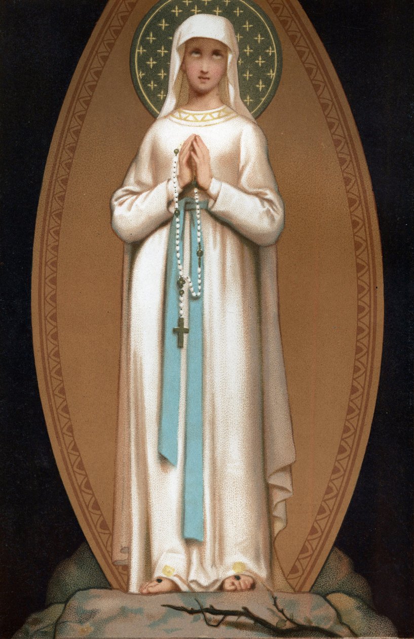 Notre Dame de Lourdes: Neitsyt Marian esitys sellaisena kuin se olisi näyttänyt Bernadette Soubirousille Lourdesin luolassa vuonna 1858. Kromolitografia. Henri Lasserren "" Notre Dame de Lourdesin" etukuva tekijältä French School