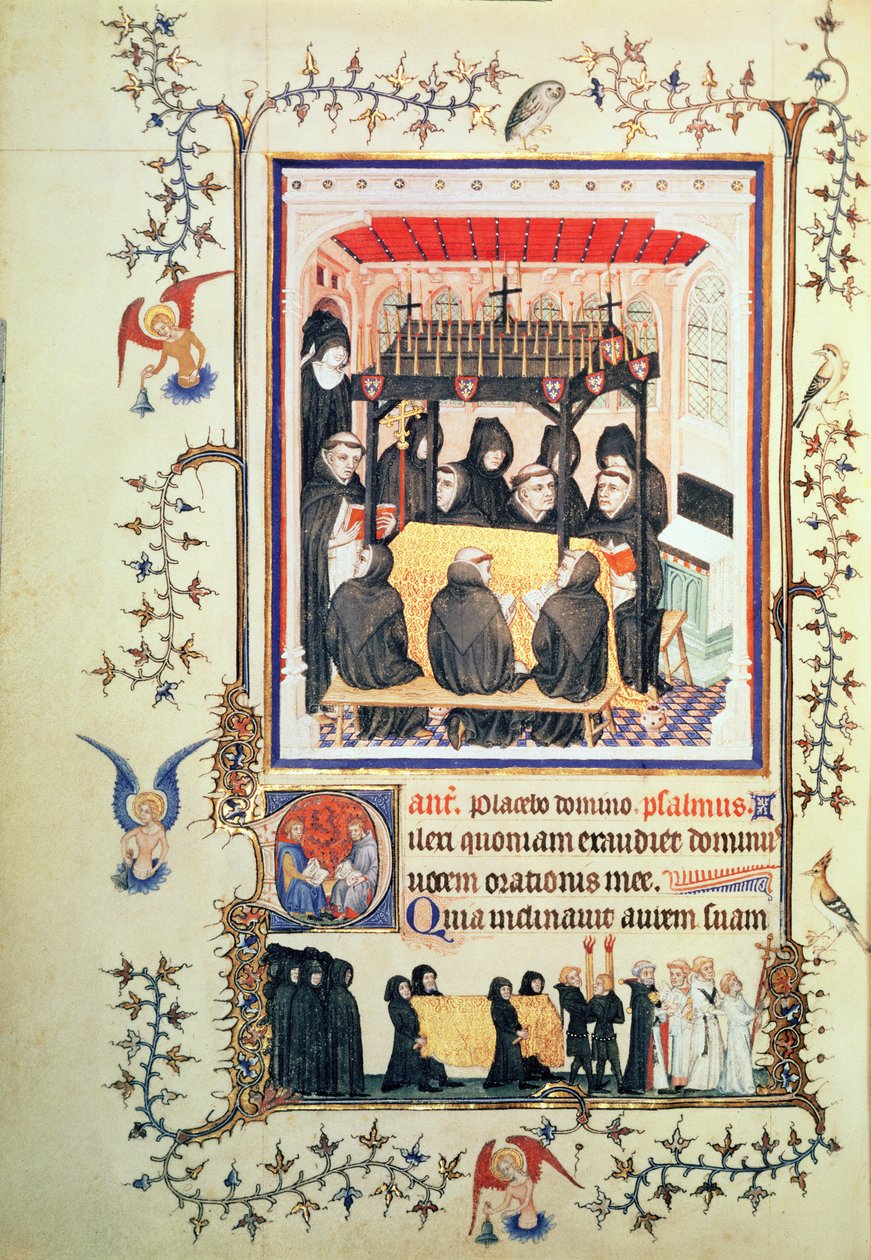 Nouv Lat 3093 f.104 Munkit rukoilemassa Tres Belles Heures de Notre Dame de Duc de Berrystä, n. 1380 tekijältä French School