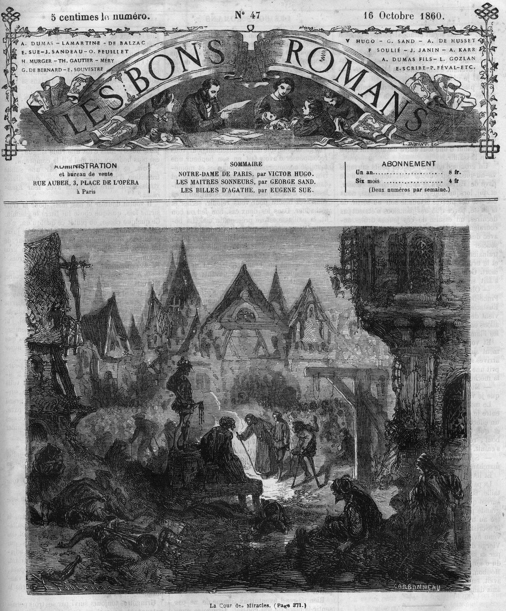 Romaanisarja: Victor Hugon (1802-1885) "Notre Dame de Paris". Ihmeiden tuomioistuin. Kaiverrus "" Les bons romances"" tekijältä French School
