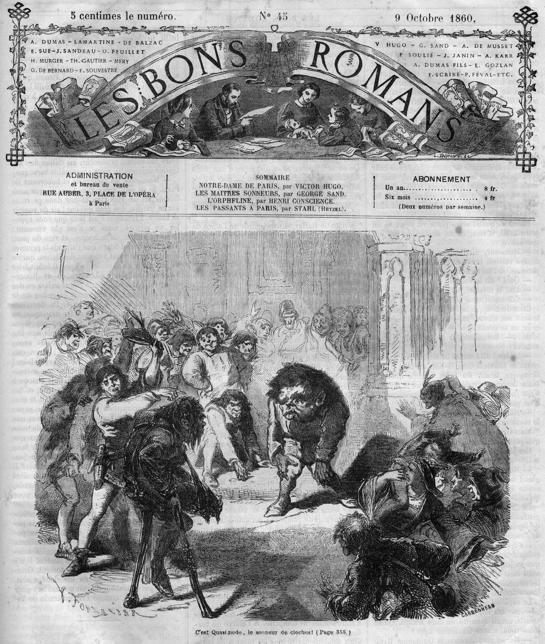 Romaanisarja: Victor Hugon (1802-1885) "Notre Dame de Paris". Väkijoukot pelästyivät ja nauroivat kellojen soittajan Quasimodon edessä. Kaiverrus "" Les bons romances"" tekijältä French School