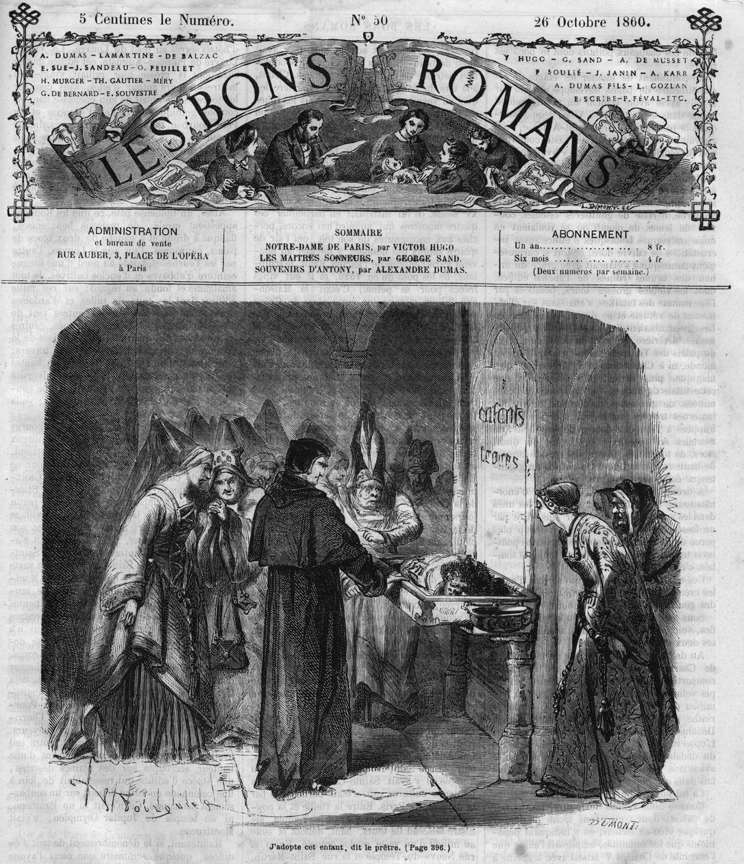 Romaanisarja: Victor Hugon (1802-1885) "Notre Dame de Paris". Pappi päättää adoptoida Quasimodon. Kaiverrus "" Les bons romances"" tekijältä French School