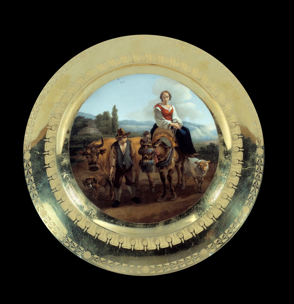 Objects First Empire: Prinssi Eugenen palveluslevy: bergere maisemassa lähellä Sienan. Toteutettu valmistuksessa, joka tunnetaan nimellä Duke of Angouleme (1781-1828), Malmaison, Musee Du Chateau tekijältä French School