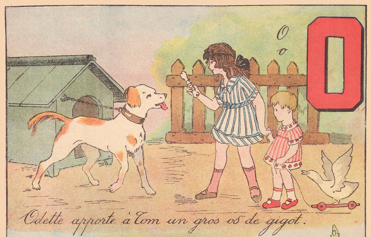Odette tuo Tomille ison sääriluun, noin 1920 (vedos). tekijältä French School