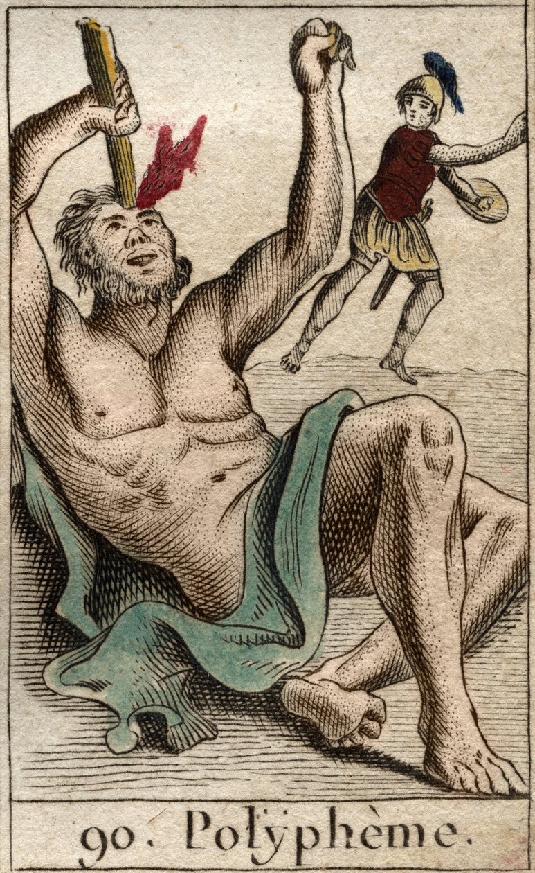 Odysseus (tai Ulysses) sokaisee kykloopit Polyphemus, Pierre Blanchardin "Mythologie de la Jeunesse" tekijältä French School