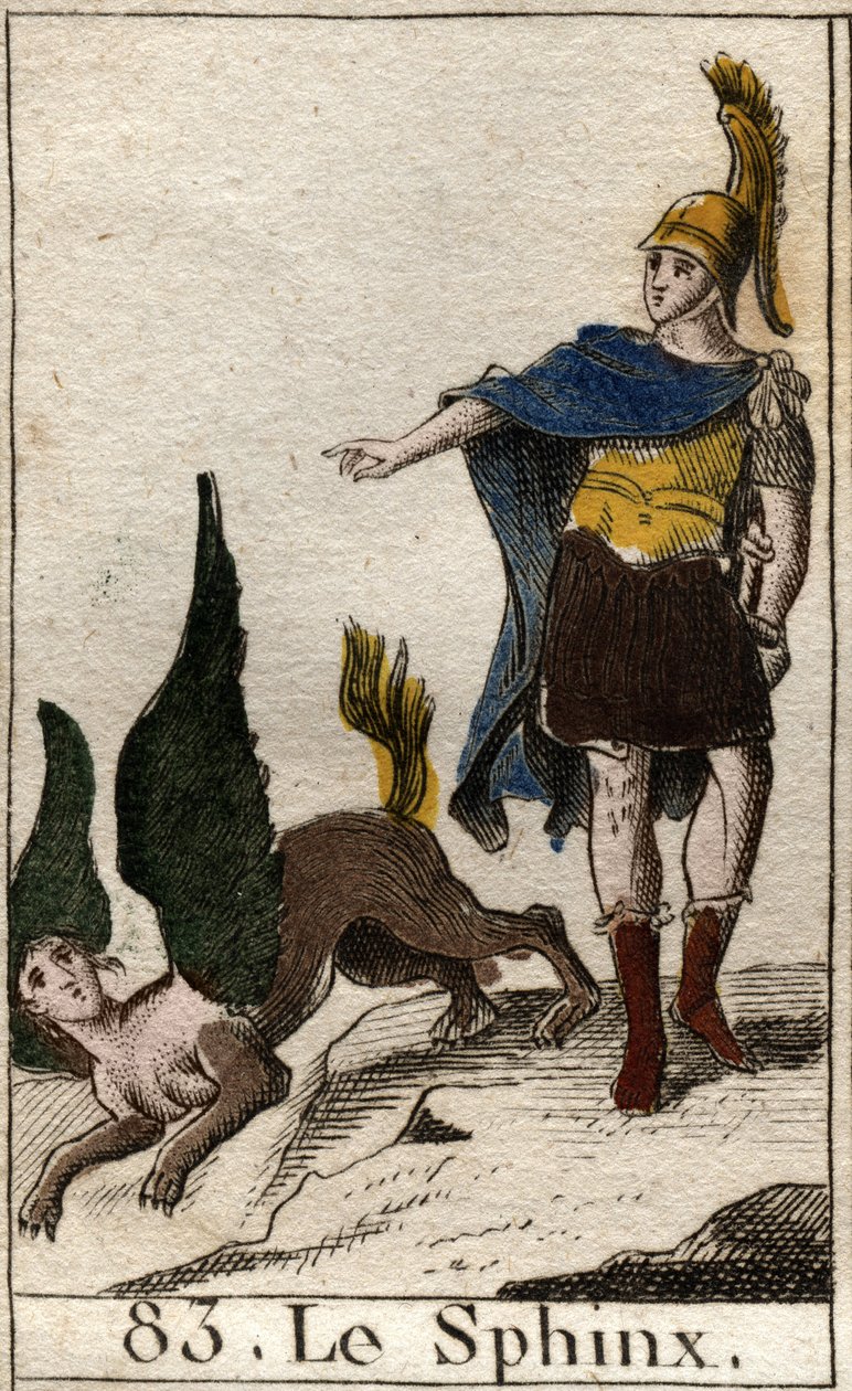 Oidipus ratkaisee sfinksin arvoituksen, joka heittäytyy korkealta kallioltaan. Pierre Blanchardin "Nuoruuden mytologiasta" vuodelta 1803. tekijältä French School