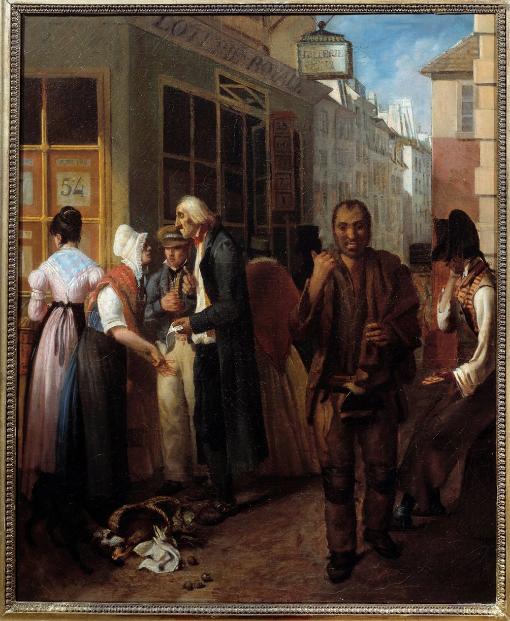 Kuninkaallisen arpajaisten toimisto Restauration Anonymous -maalaus 1800-luvulta. Aurinko. 0,61x0,51 m Pariisi, museo Carnavalet tekijältä French School