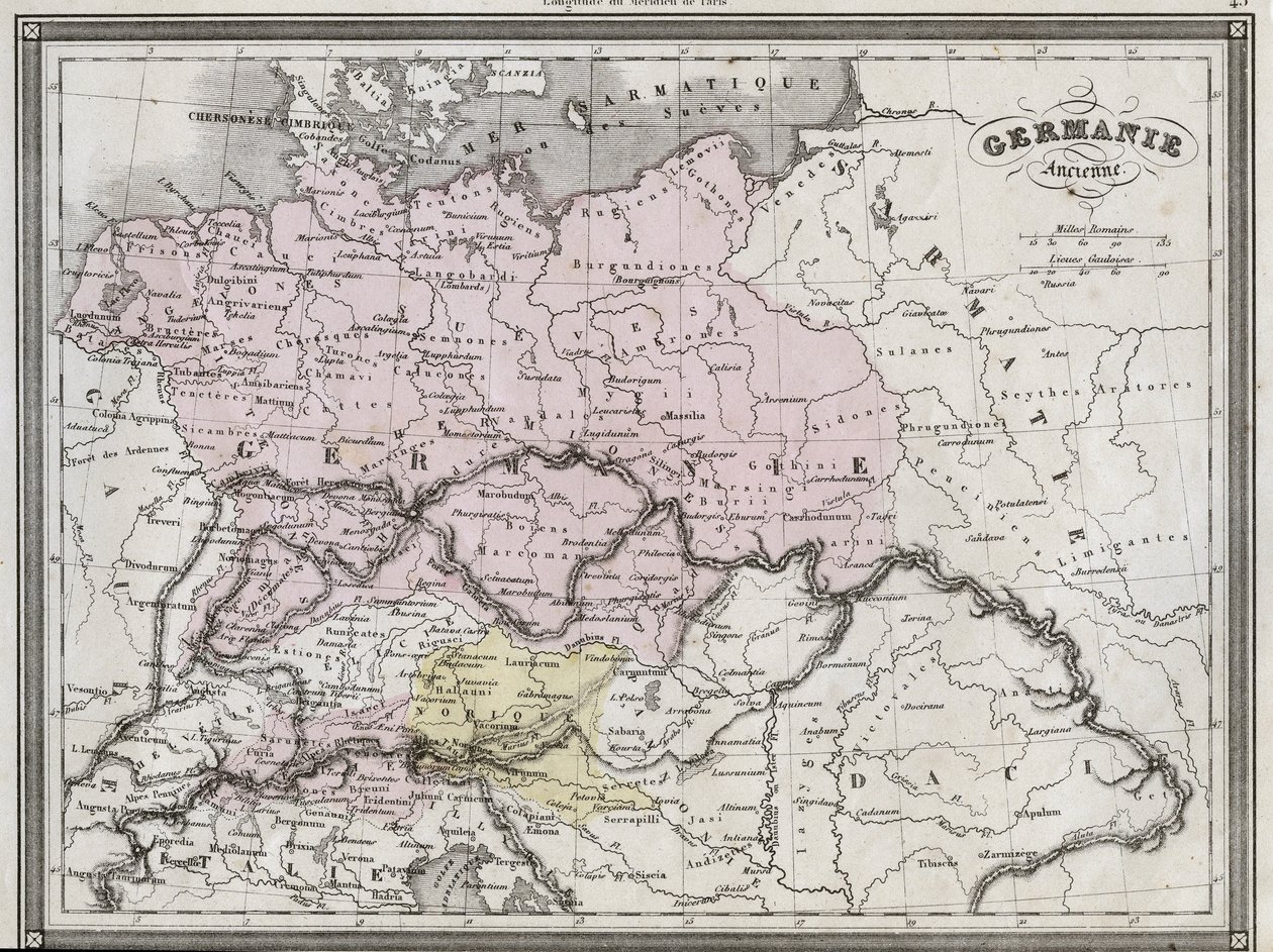 Old Germania - Levy, joka on otettu Vuilleminin muinaisen ja modernin maantieteen yleismaailmallisesta atlasesta asuinkouluille - noin. 1845 tekijältä French School