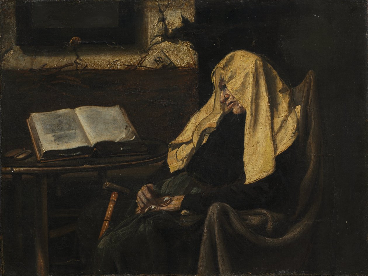 Vanha nainen unessa, 1800-luvun puoliväli (öljy kankaalle) tekijältä French School