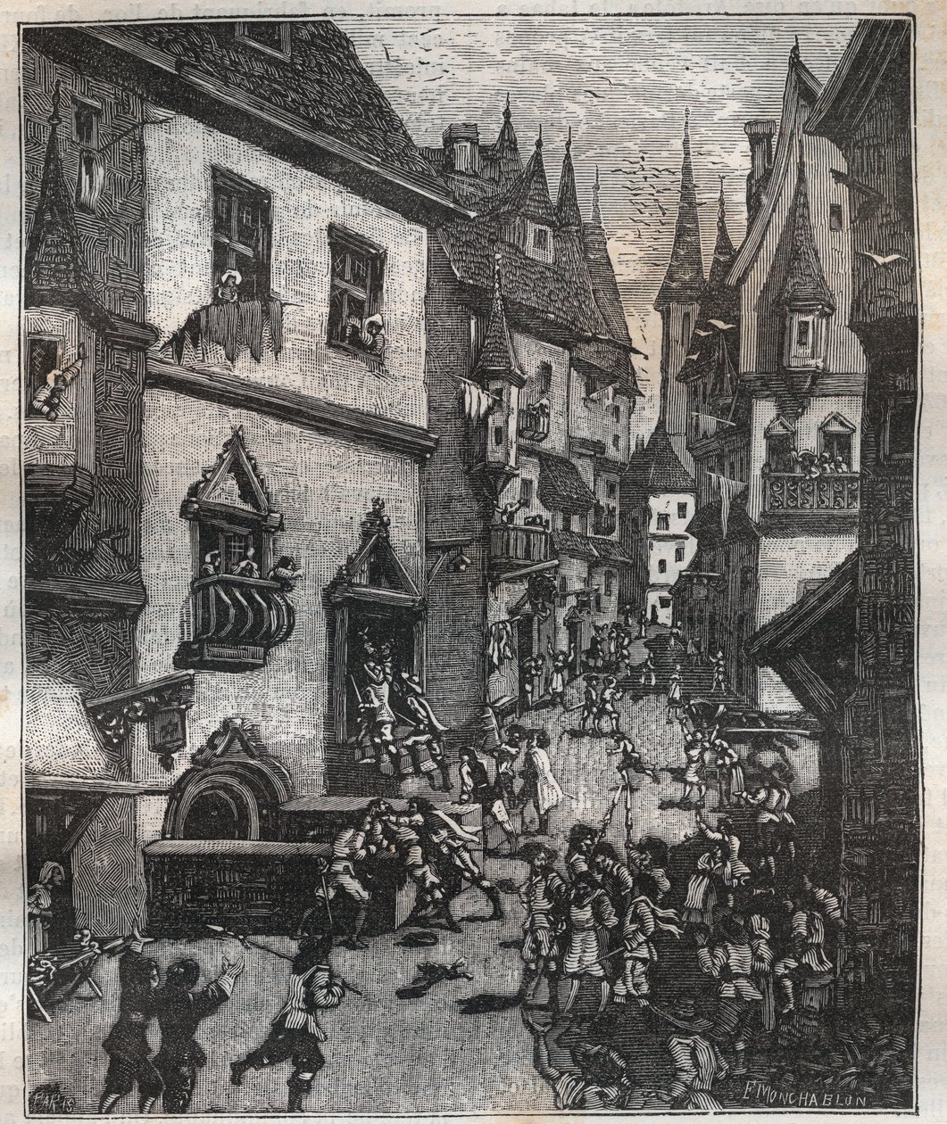 Toukokuun 20. päivänä 1636 kaksi poliisikomissaaria, joiden seurassa oli tusina kersanttia, pidättivät kahdeksan väärentäjää rue Champfleurilla Nicolas Jules Henri Gourdon de Genouillacin (1826-1898) "Paris a travers les siecles" -tapahtumassa. tekijältä French School