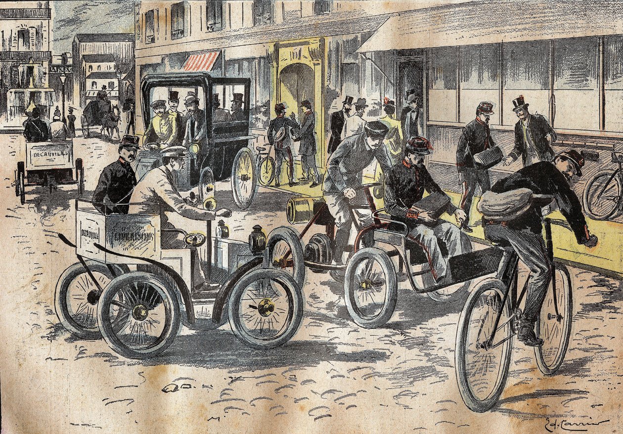 5. lokakuuta 1899 postitoimiston alivaltiosihteeri Leon Mougeot (1857-1928) johti polkupyörien ja erilaisten autojen ensimmäisiä testejä postin nostamiseksi Pariisin XII kaupunginosan keskuspostissa. . Kaiverrus "" Le P tekijältä French School