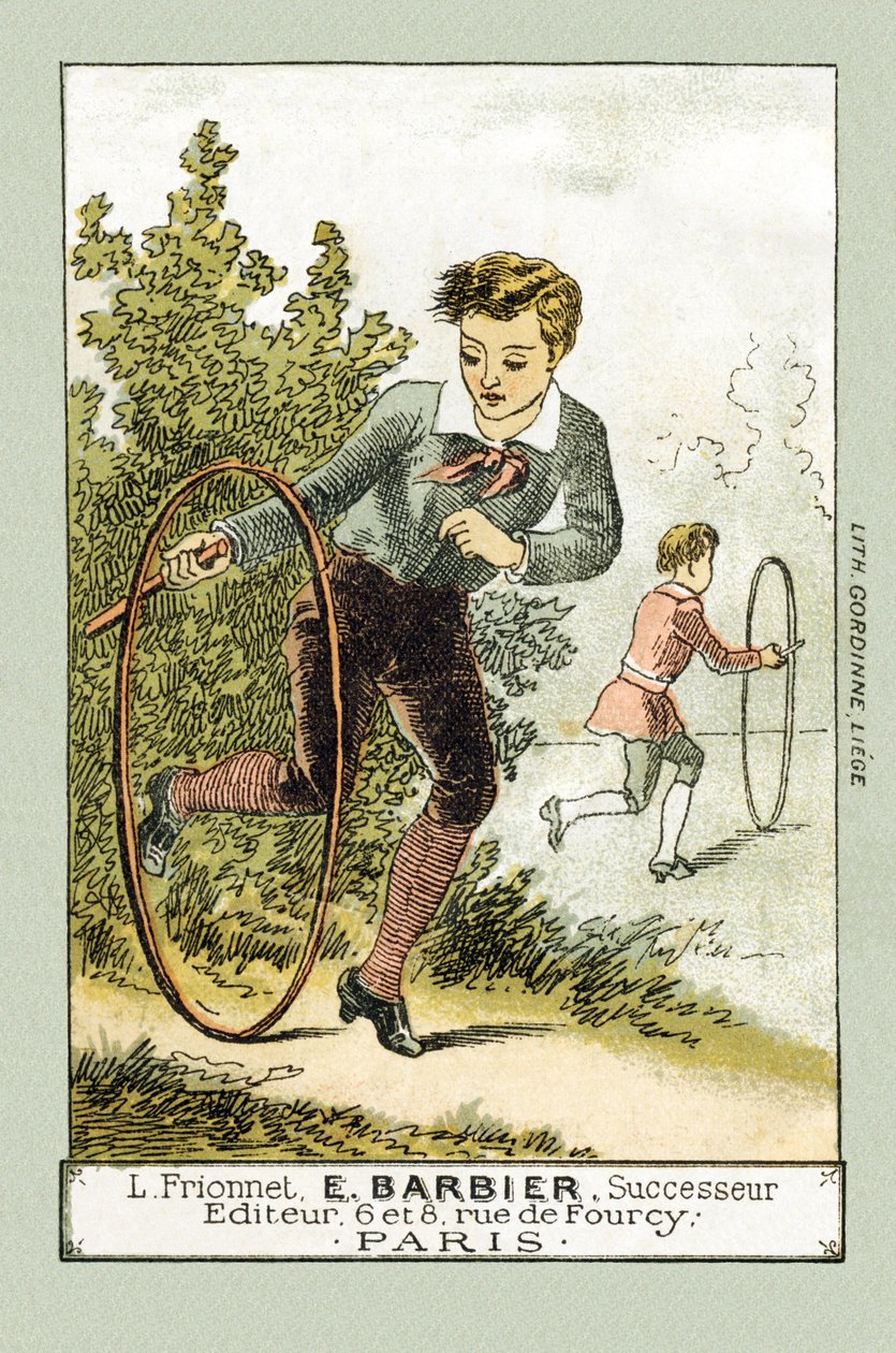 Ruuhkapäivinä Leon ja Lucien soittavat vannetta - 1800-luvun lopun "Alphabet des petits savants" (kromolitografia) tekijältä French School