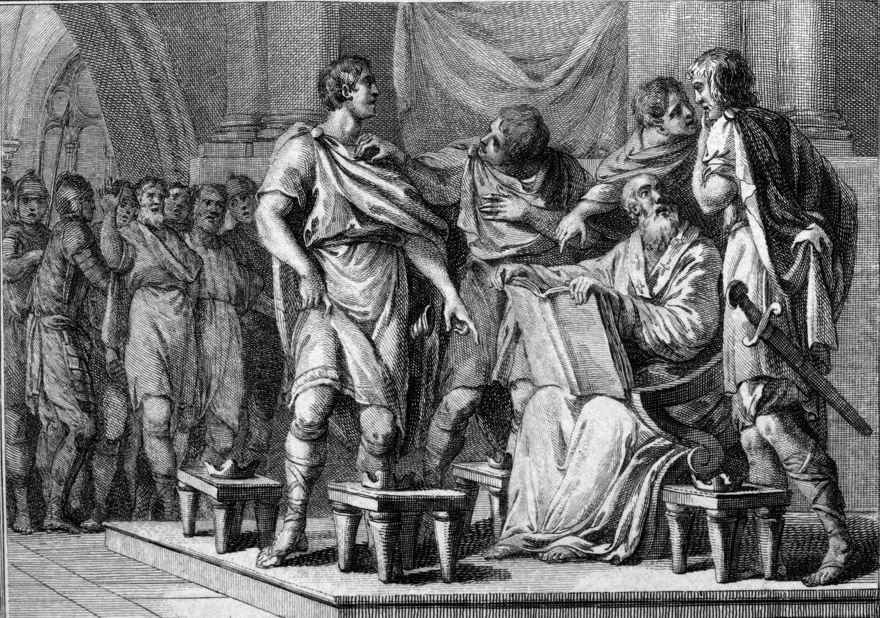 Frankkien kuninkaan Clotaire (Clothaire) 1. kuollessa hänen neljä poikaansa saivat kukin osan valtakunnasta. Heidän nimensä ovat Caribert 1er tai Charibert (n. 520-567), Gontran 1er (n. 545-592), Sigebert I (535-575) ja Chilperic I (n. 539-584). Kaiverrus tekijältä French School
