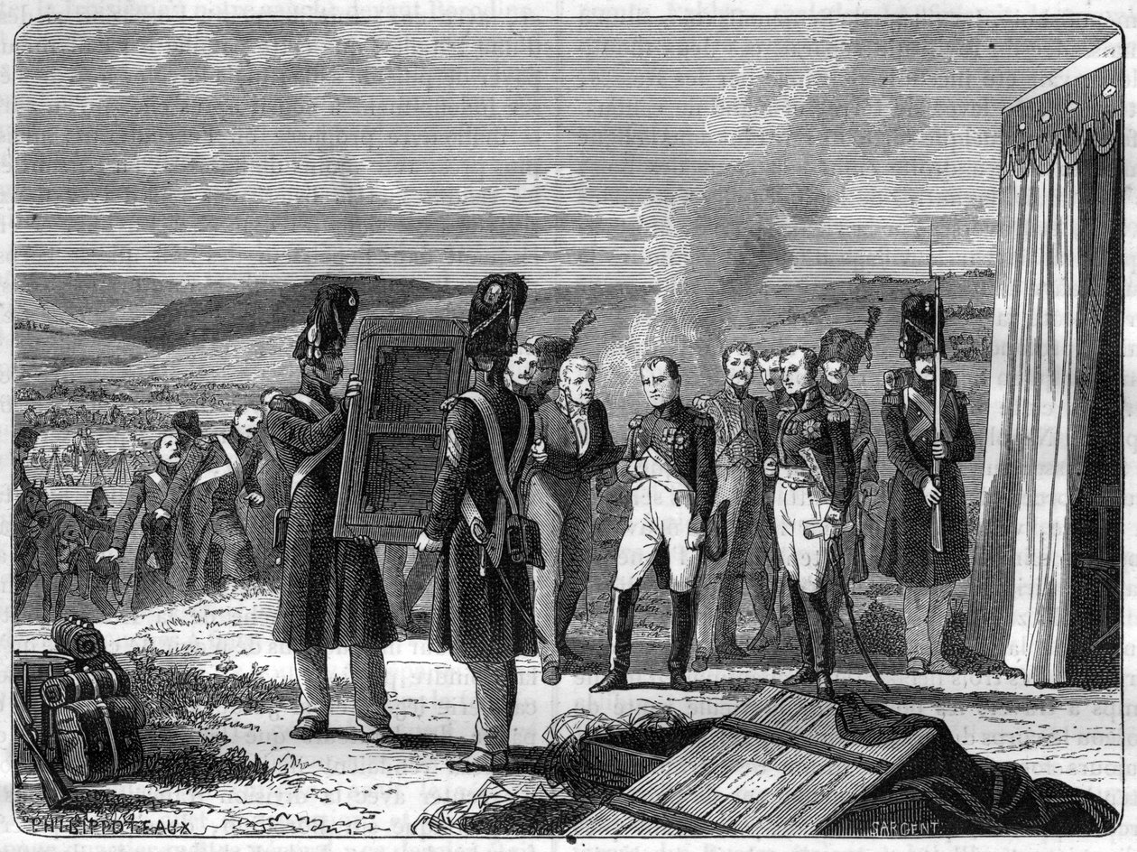 Borodinon taistelun aattona, 7. syyskuuta 1812: Napoleon ennen Rooman kuninkaan muotokuvaa - Rooman kuninkaan muotokuva Napoleon II tuo Napoleon I:lle Moskovan taistelun (Borodinon taistelu) aattona tekijältä French School