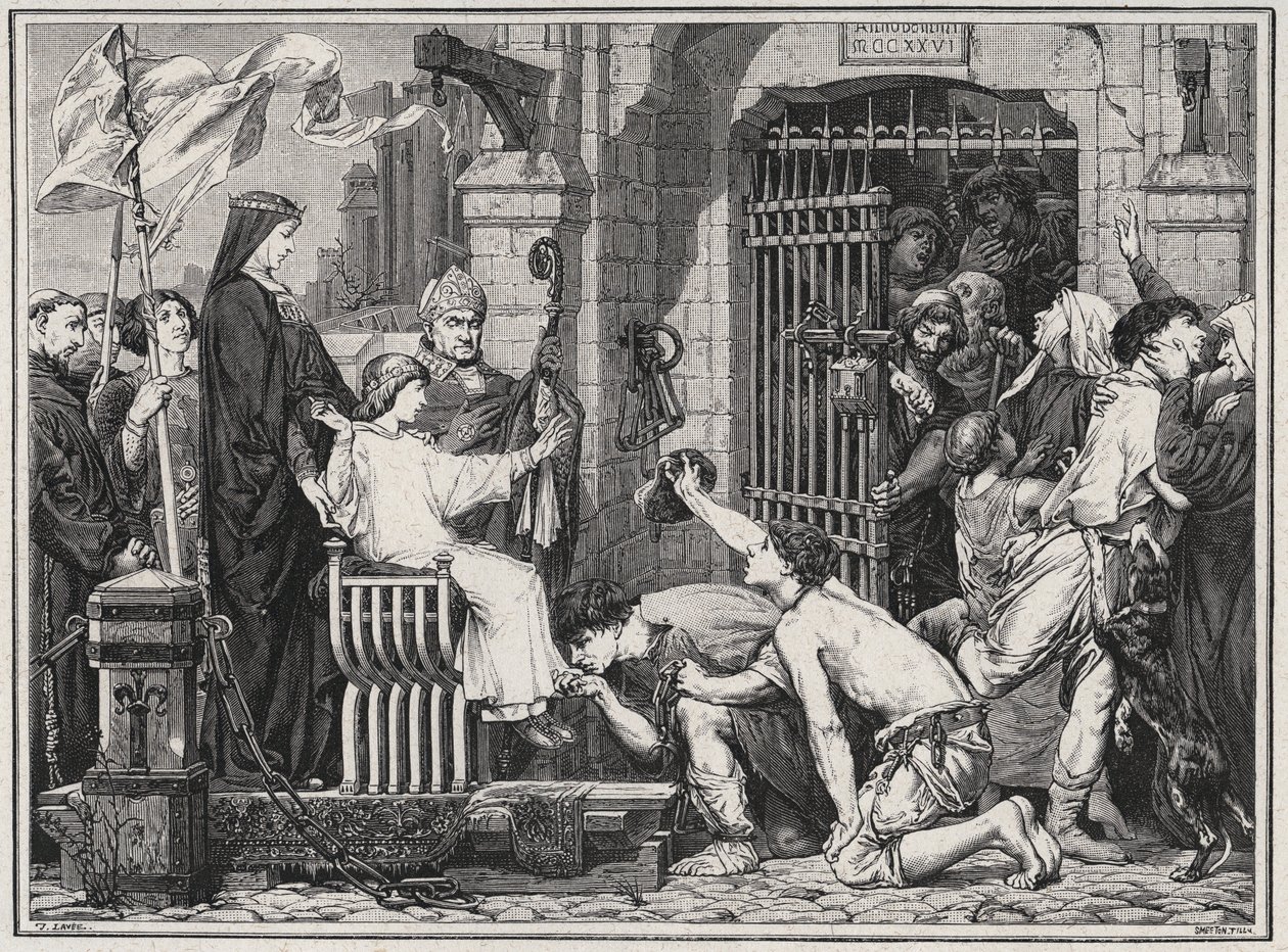 Nuori Ludvig IX sai tulevaisuutensa (1227) kunniaksi vangit eroon – kaiverrus Louis Dumasin 1889 Les Hommes Celebres de la France -kirjoitukseen. tekijältä French School