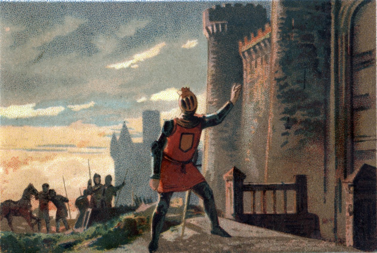 Sata vuotta sota: Crecyn taistelun tappion jälkeen Ranskan kuningas Philip VI of Valois (1294-1350) koputtaa Chateau de Broyen ovelle sanoen "Avaa, se on Ranskan onni!" (tai "Avaa, se on epäonni Ranskan kuningas! tekijältä French School