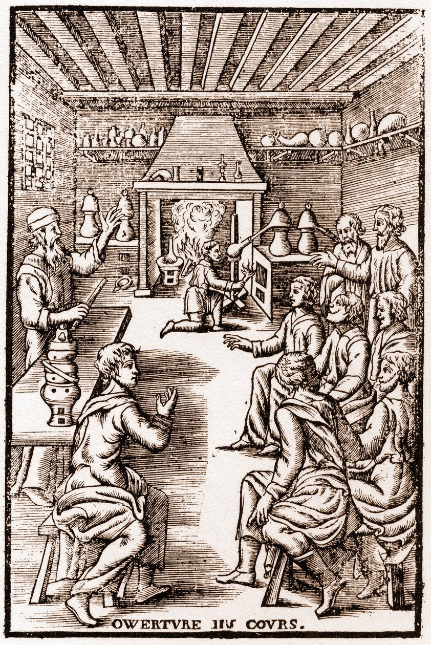 Transmutatorisen kemian kurssin avaus - kaiverrus 1653 kirjaan "" LE VRAY ET METHOD COURSES DE PHYSICS RESOLUTIVE" Annibal Barlet tekijältä French School